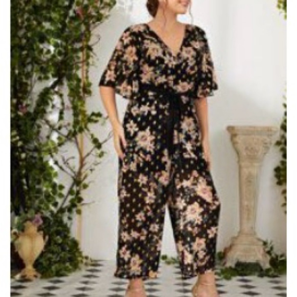 Floral and gold print flutter sleeve belted jumpsuit
